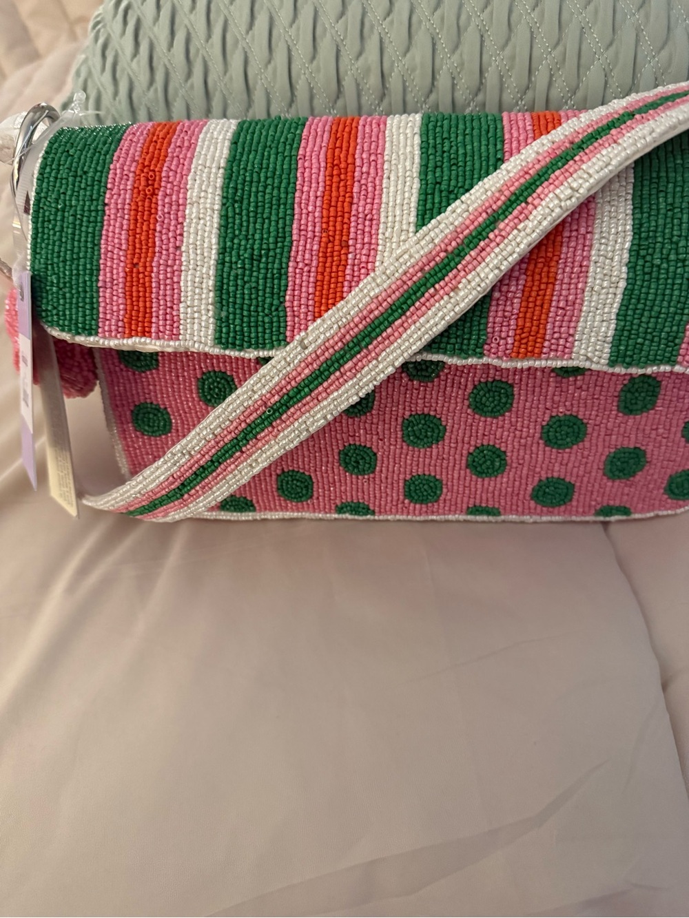 Beaded Pink & Green Polka Dot Crossbody Bag